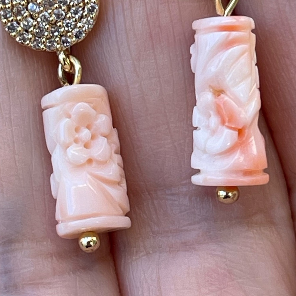 Hand carved undyed angel skin coral bezel set diamanté gold tone drop earrings - Picture 5 of 5